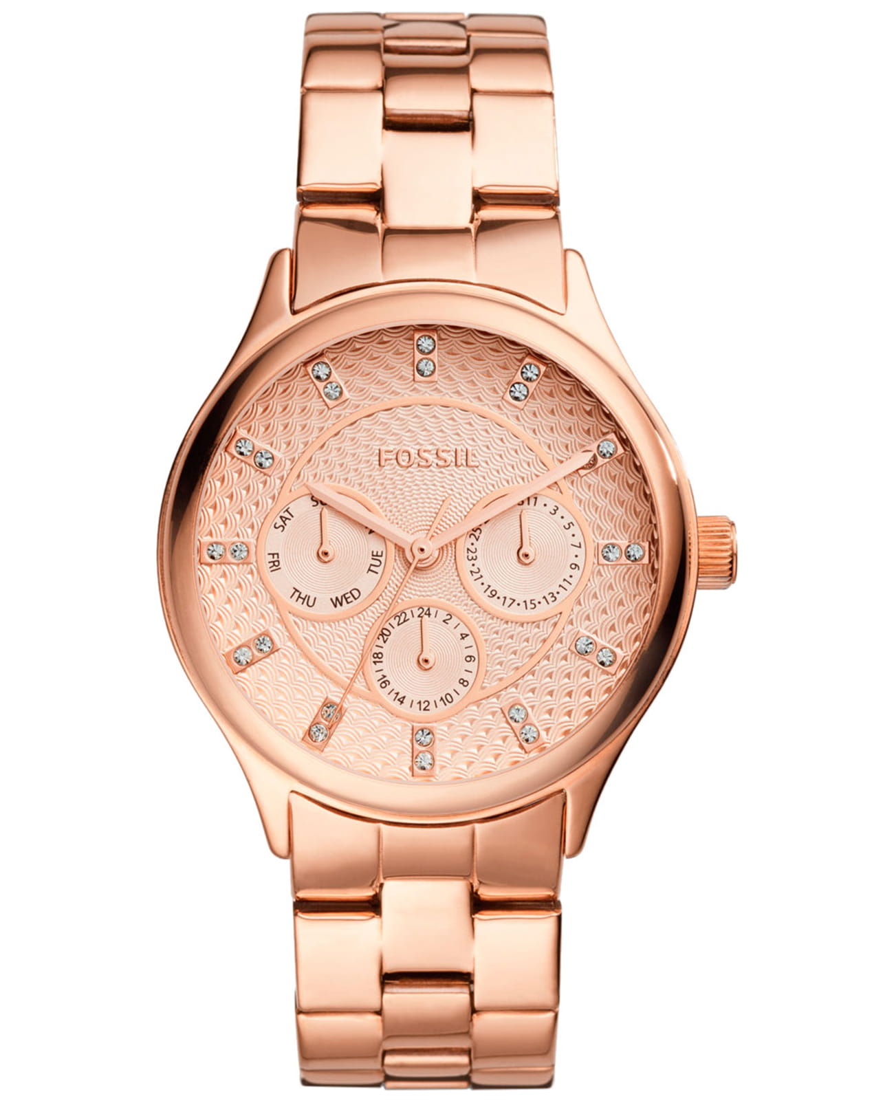 Fossil Fossil Carlie  BQ1561  BQ1561 кварцевые женские часы золотой циферблат, браслет сталь с ip покрытием — вид спереди