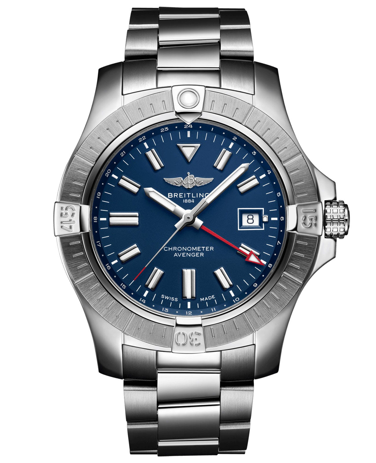 Breitling Breitling Avenger Automatic GMT 45 A32395101C1A1  A32395101C1A1 механические мужские часы синий циферблат, браслет нержавеющая сталь — вид спереди