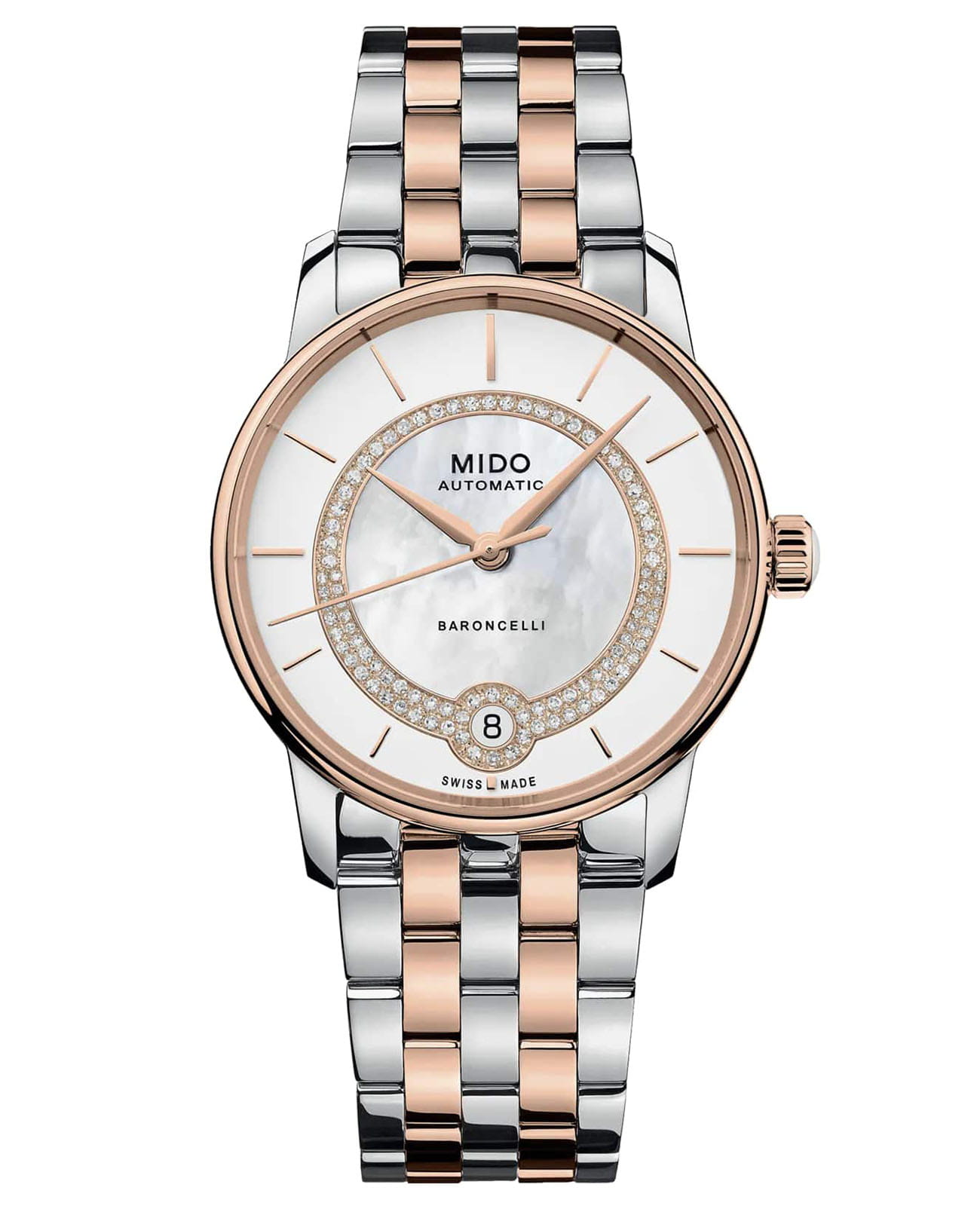 Mido Mido Baroncelli Lady Necklace M037.807.22.031.00  M0378072203100 механические женские часы перламутровый циферблат, браслет нержавеющая сталь с pvd-покрытием — вид спереди
