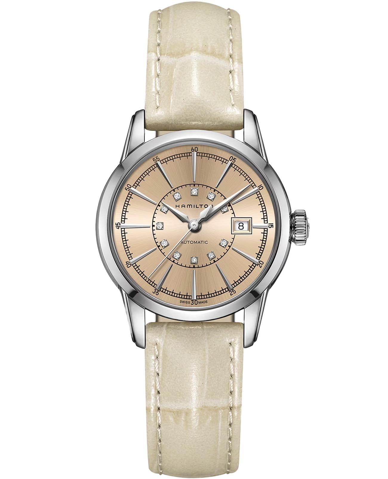 Hamilton Hamilton American Classic RailRoad Lady Auto H40405821  H40405821 механические женские часы бежевый циферблат, браслет кожаный — вид спереди