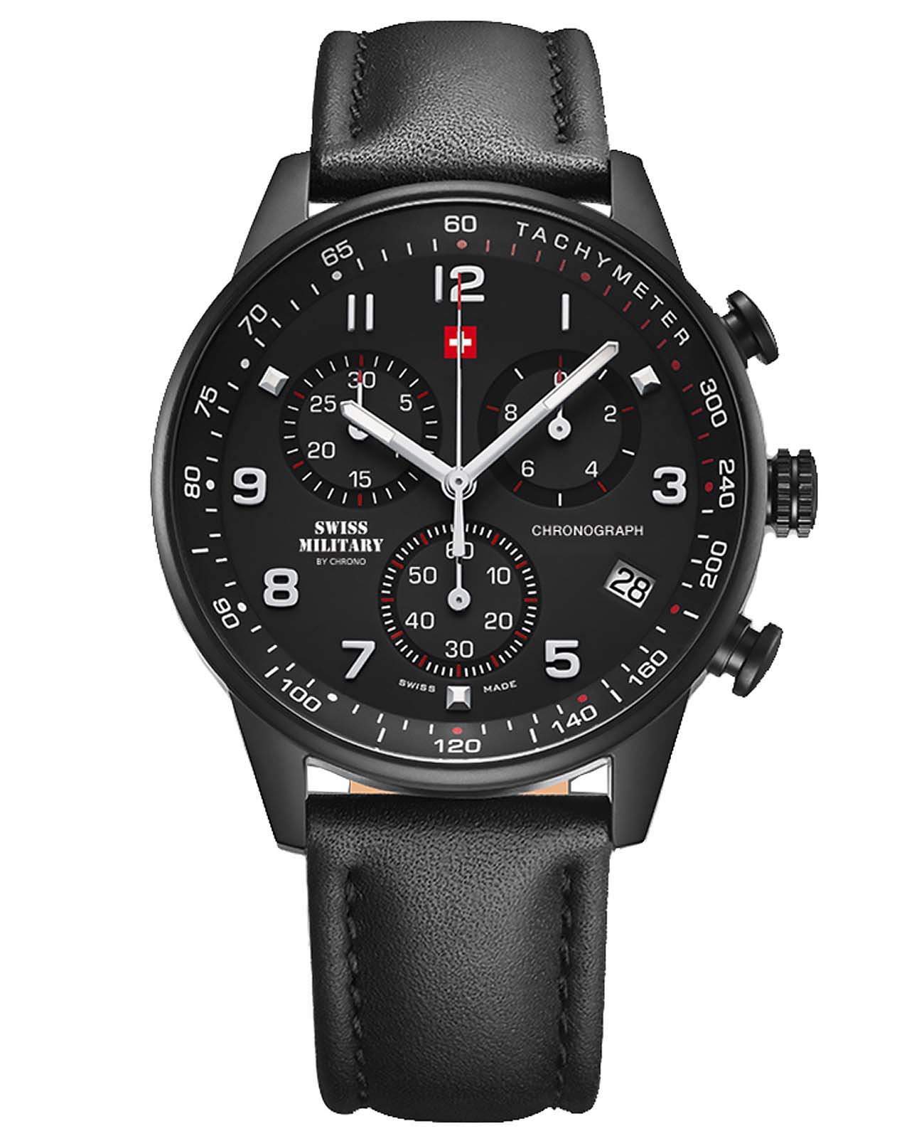 Swiss Military by Chrono Swiss Military by Chrono SM34012.08  SM34012.08 автокварц (кинетик) мужские часы черный циферблат, браслет кожаный — вид спереди