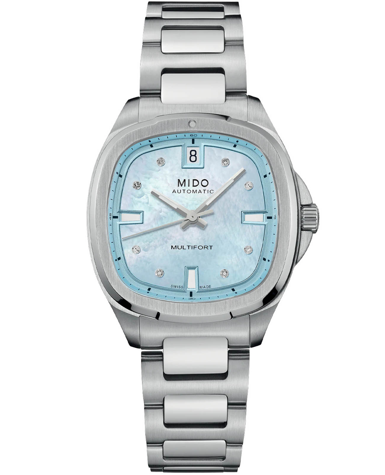 Mido Mido Multifort TV 35 M049.307.11.136.00  M0493071113600 механические женские часы голубой циферблат, браслет нержавеющая сталь — вид спереди