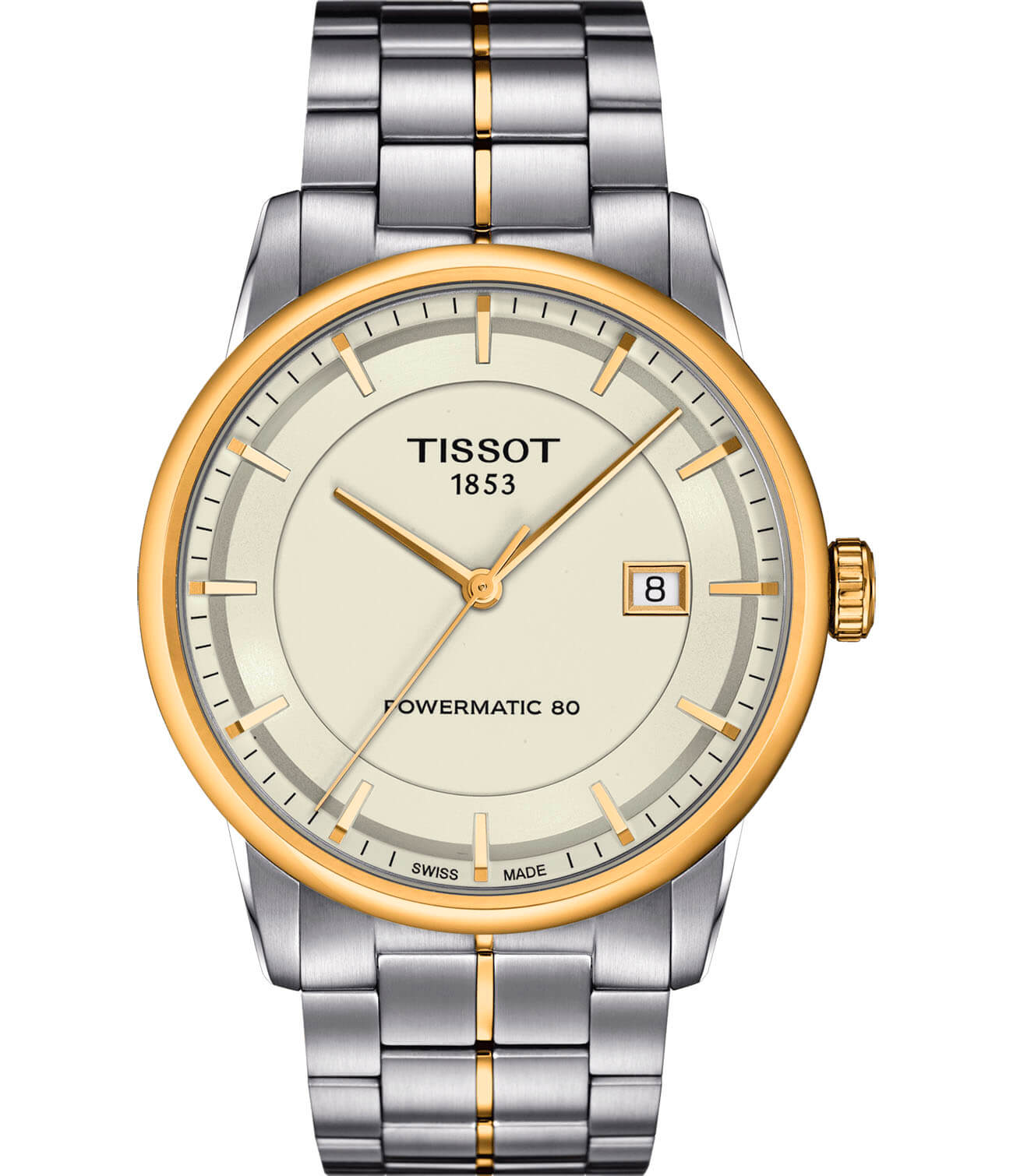 Tissot Tissot Luxury Powermatic 80 T086.407.22.261.00  T0864072226100 механические мужские часы бежевый циферблат, браслет сталь c pvd покрытием — вид спереди