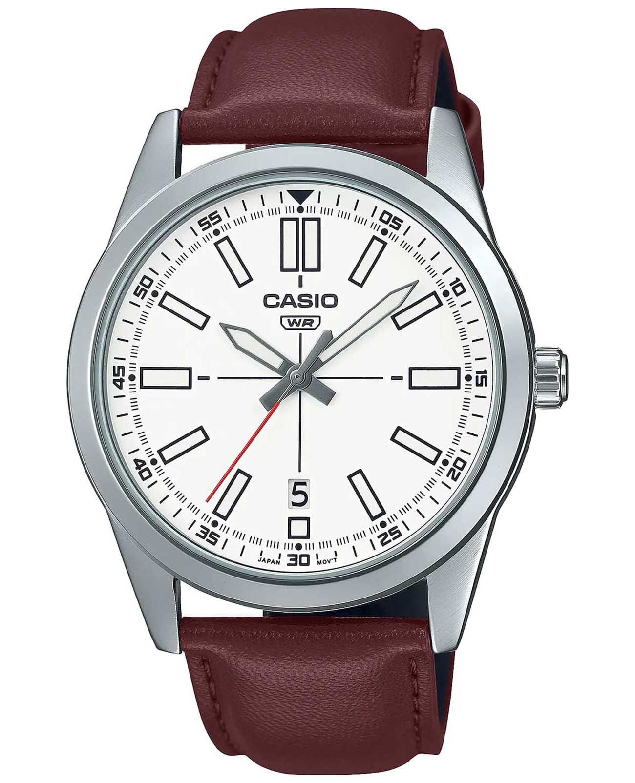 Casio Casio MTP-VD02L-7E  MTP-VD02L-7E кварцевые мужские часы белый циферблат, браслет кожаный — вид спереди
