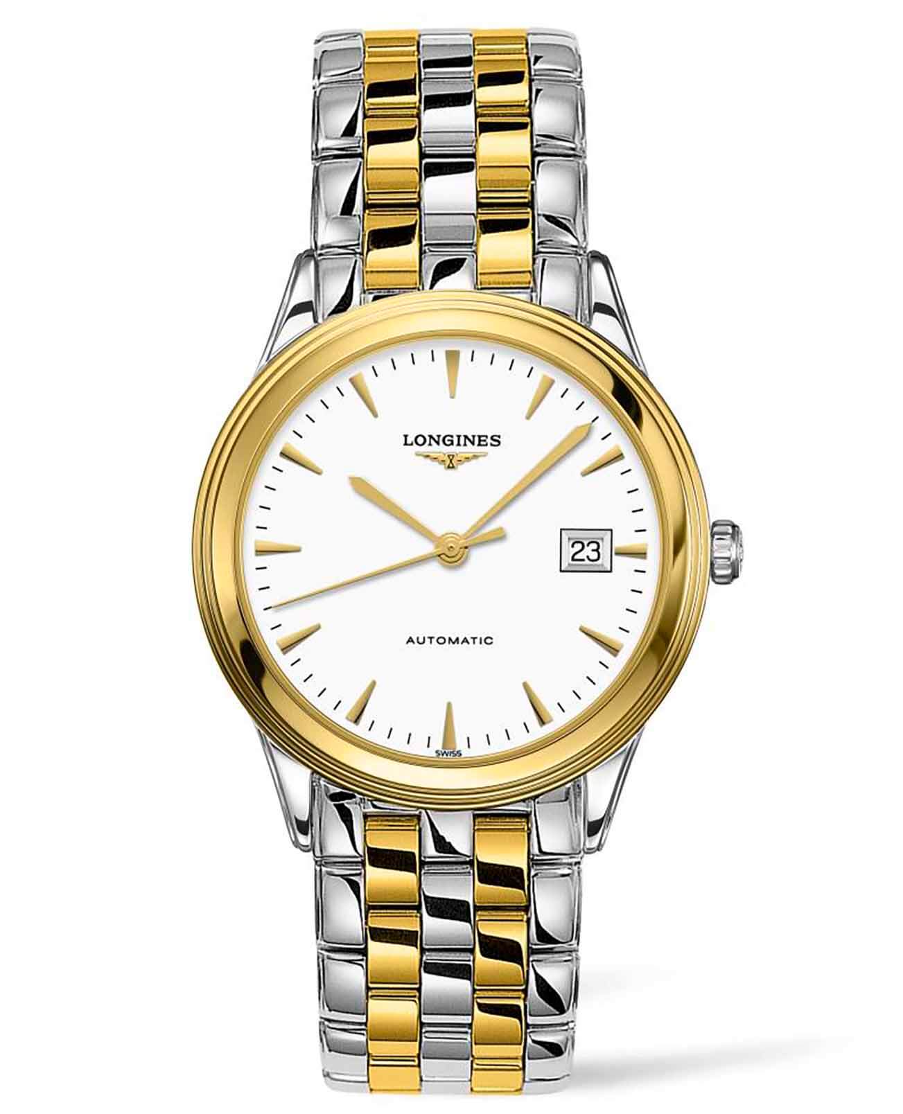 Longines Longines Flagship L4.974.3.22.7  L49743227 механические женские часы белый циферблат, браслет сталь c pvd покрытием — вид спереди