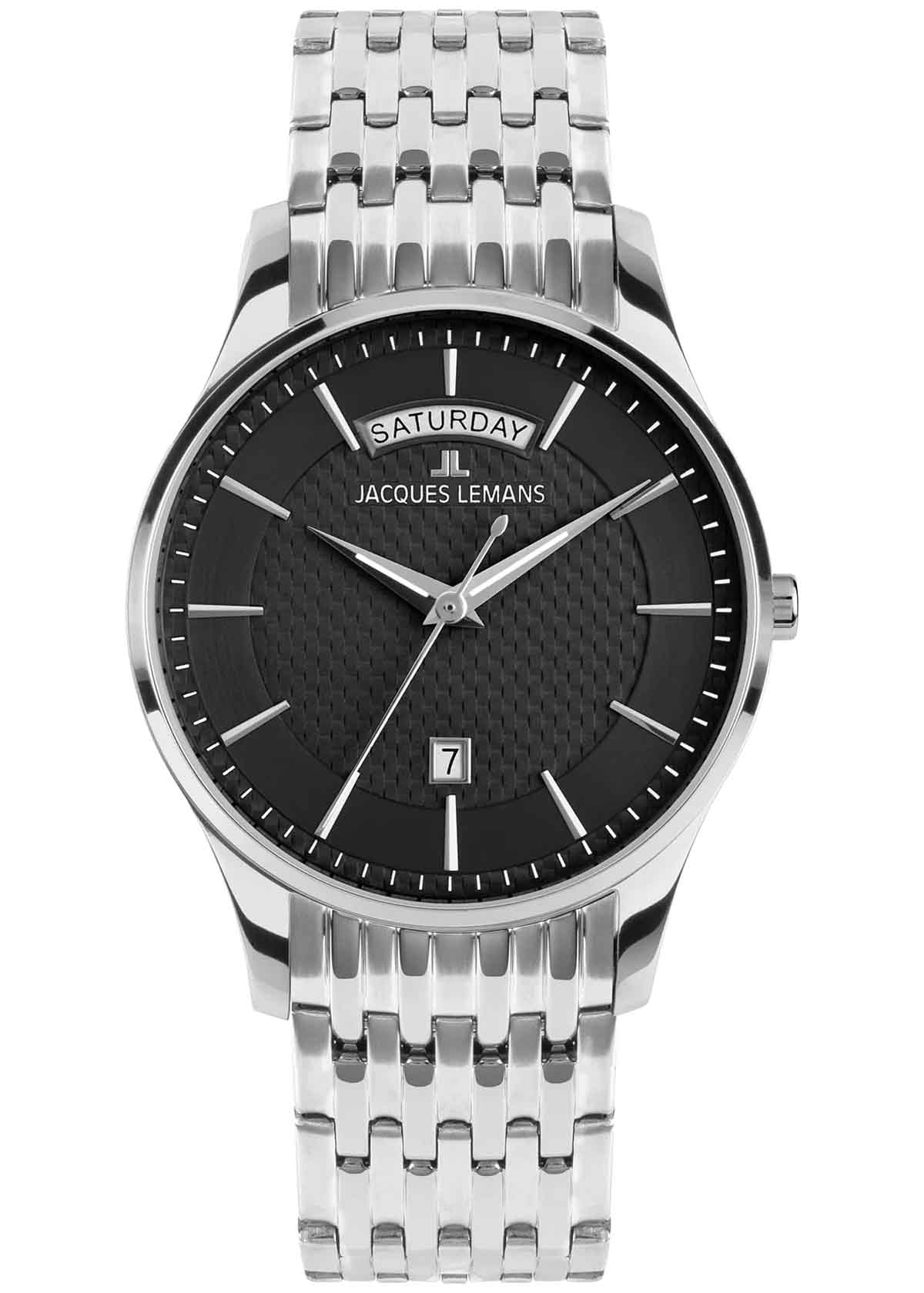 Jacques Lemans Jacques Lemans London 1-2193F  1-2193F кварцевые мужские часы черный циферблат, браслет нержавеющая сталь — вид спереди