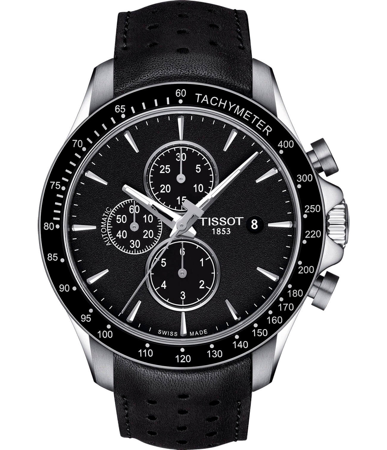 Tissot Tissot V8 Automatic Chronograph T106.427.16.051.00 V8  T1064271605100 механические мужские часы черный циферблат, браслет кожаный — вид спереди