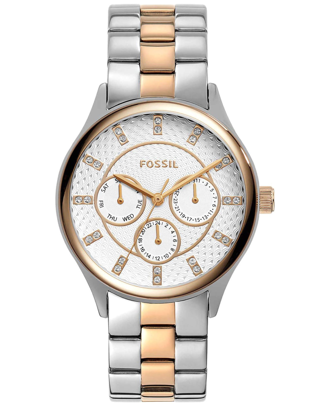 Fossil Fossil Carlie  BQ1564  BQ1564 кварцевые женские часы белый циферблат, браслет сталь с ip покрытием — вид спереди