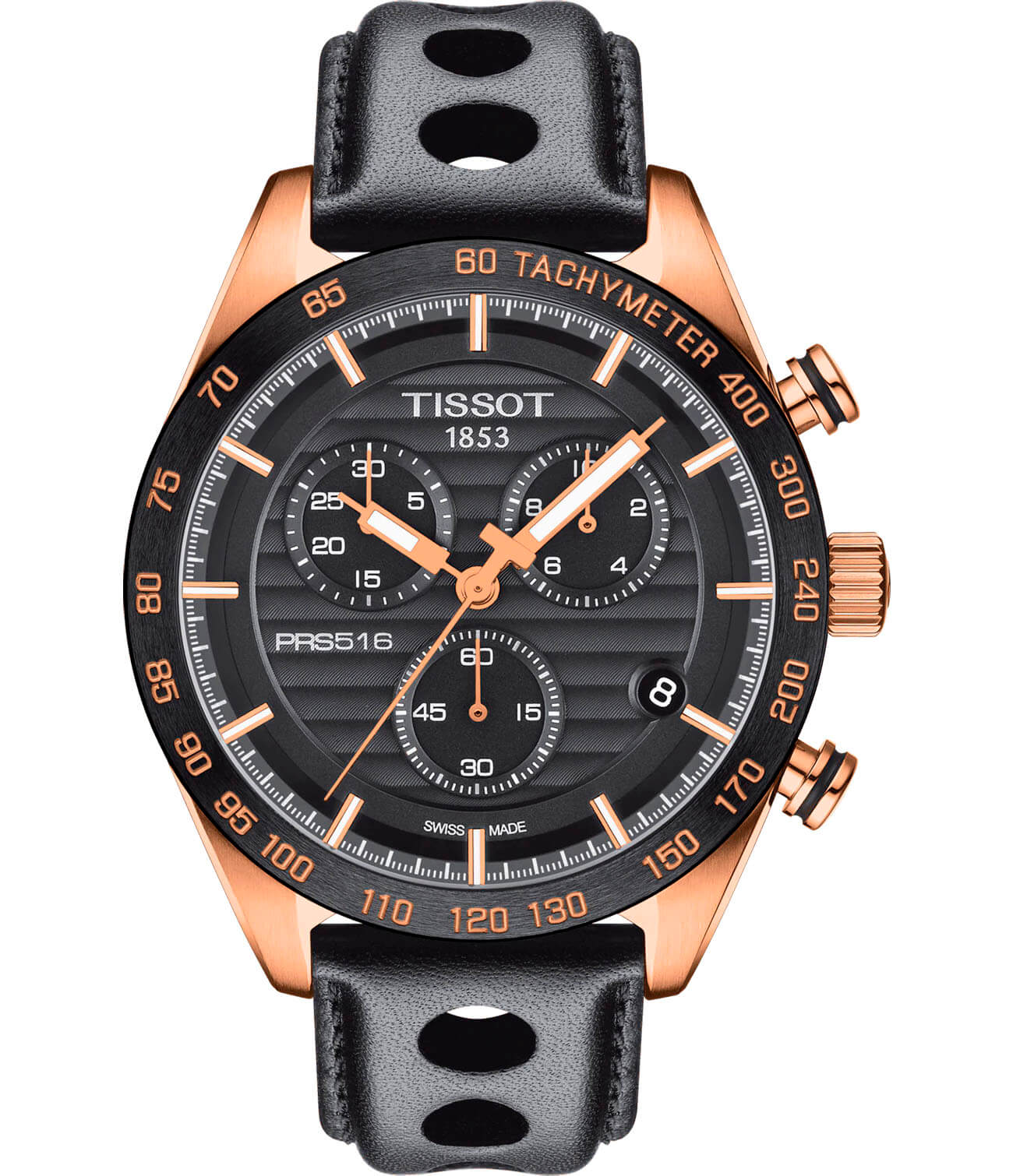 Tissot Tissot PRS 516 Chronograph T100.417.36.051.00 PRS 516 T1004173605100 кварцевые мужские часы черный циферблат, браслет кожаный — вид спереди