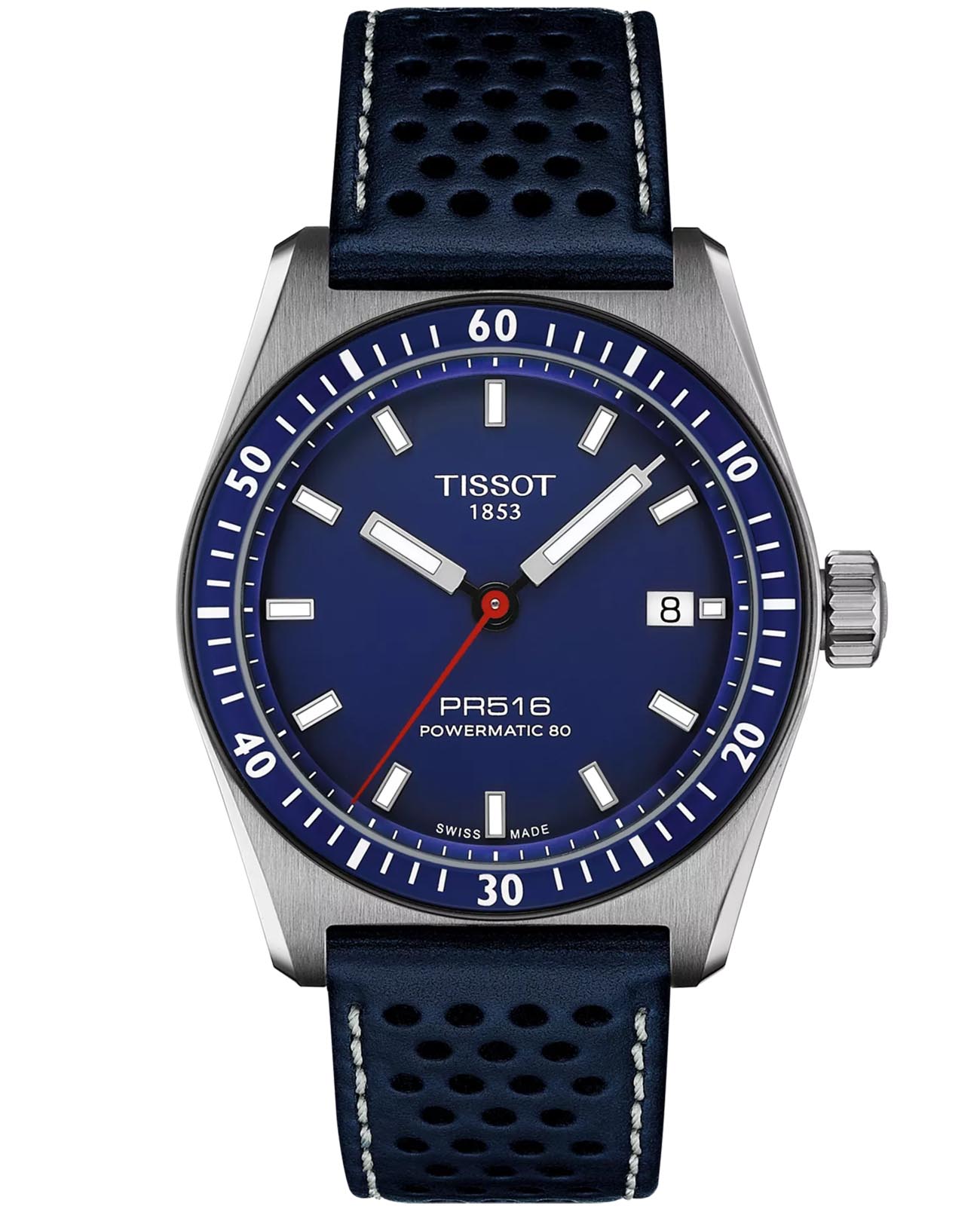 Tissot Tissot Powermatic PR516 80 T149.407.16.041.00  T1494071604100 механические мужские часы синий циферблат, браслет кожаный — вид спереди