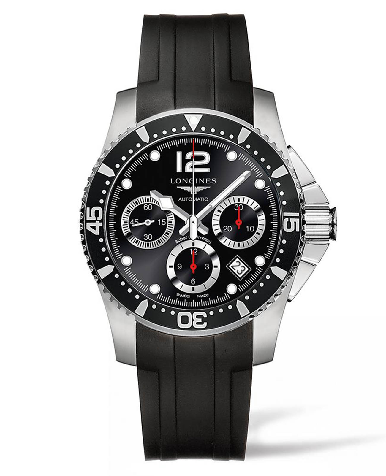 Longines Longines HydroConquest L3.744.4.56.2  L37444562 механические мужские часы черный циферблат, браслет каучук — вид спереди