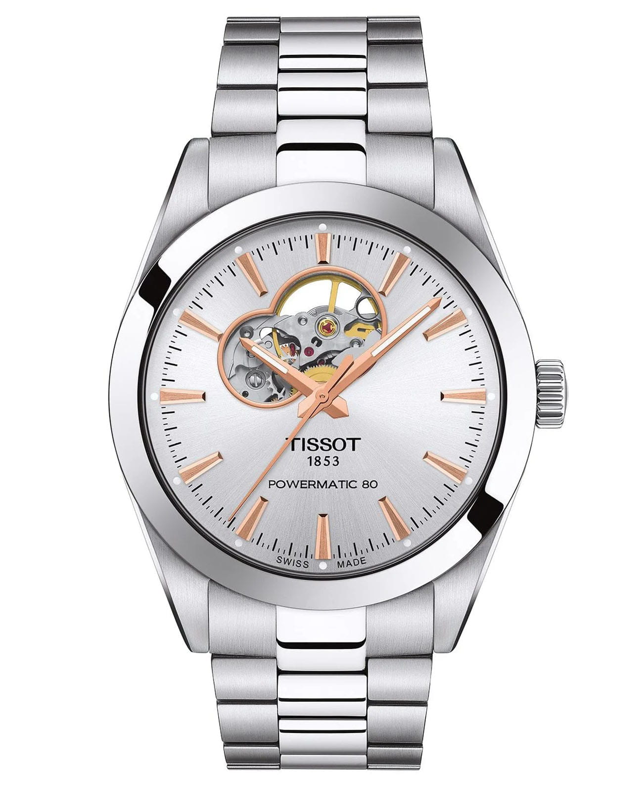 Tissot Tissot Gentleman Powermatic 80 Silicium T127.407.11.031.01 Gentleman T1274071103101 механические мужские часы серебристый циферблат, браслет нержавеющая сталь — вид спереди