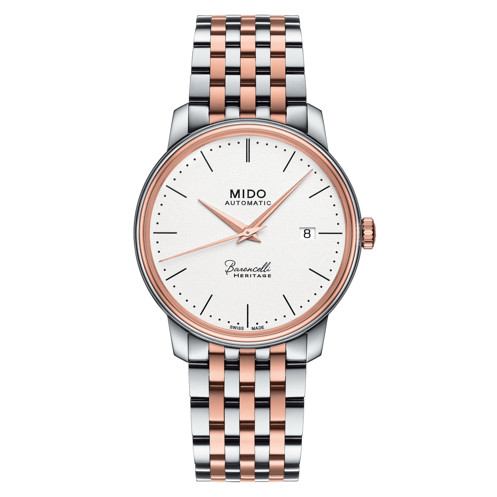 Mido Mido Baroncelli Heritage Gent M027.407.22.010.00  M0274072201000 механические мужские часы белый циферблат, браслет сталь c pvd покрытием — вид спереди