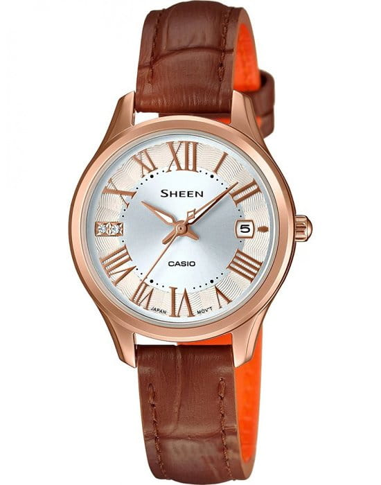 Casio Casio Sheen SHE-4050PGL-7A  SHE-4050PGL-7A кварцевые женские часы серый циферблат, браслет кожа + текстиль — вид спереди