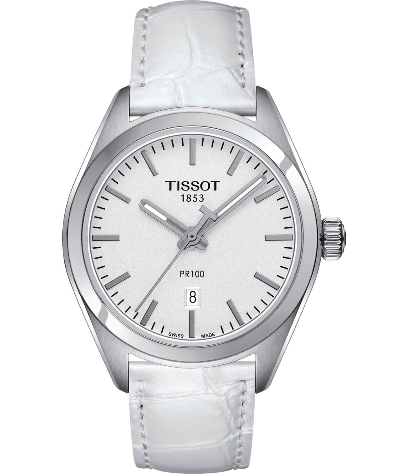 Tissot Tissot PR 100 Lady T101.210.16.031.00 PR 100 T1012101603100 кварцевые женские часы белый циферблат, браслет кожаный — вид спереди