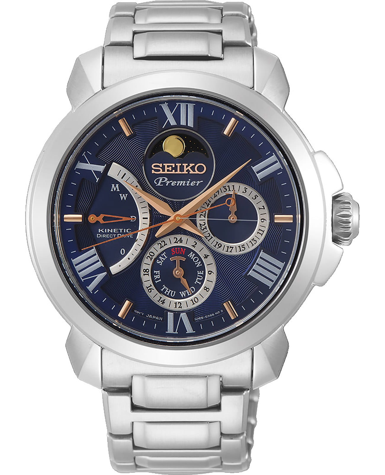 Seiko Seiko Premier SRX017P1  SRX017P1 автокварц (кинетик) мужские часы синий циферблат, браслет нержавеющая сталь — вид спереди