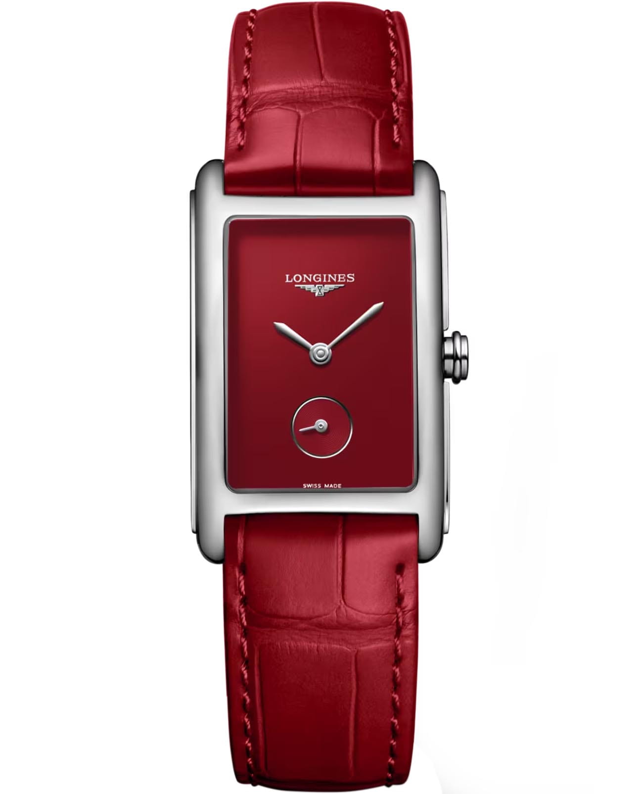 Longines Longines DolceVita L5.512.4.91.2  L55124912 кварцевые женские часы красный циферблат, браслет кожаный — вид спереди