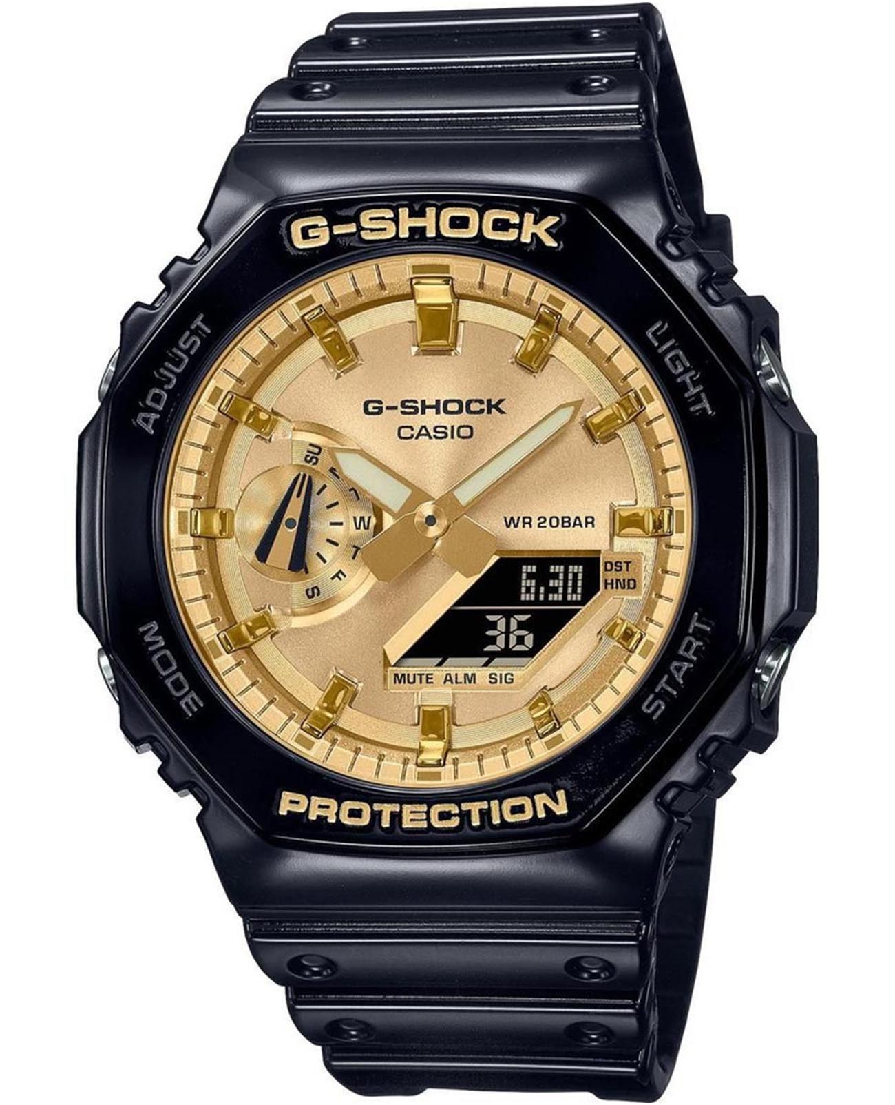 Casio Casio G-Shock GA-2100GB-1AER GA-2100 GA-2100GB-1AER электронные мужские часы золотой циферблат, браслет пластик — вид спереди