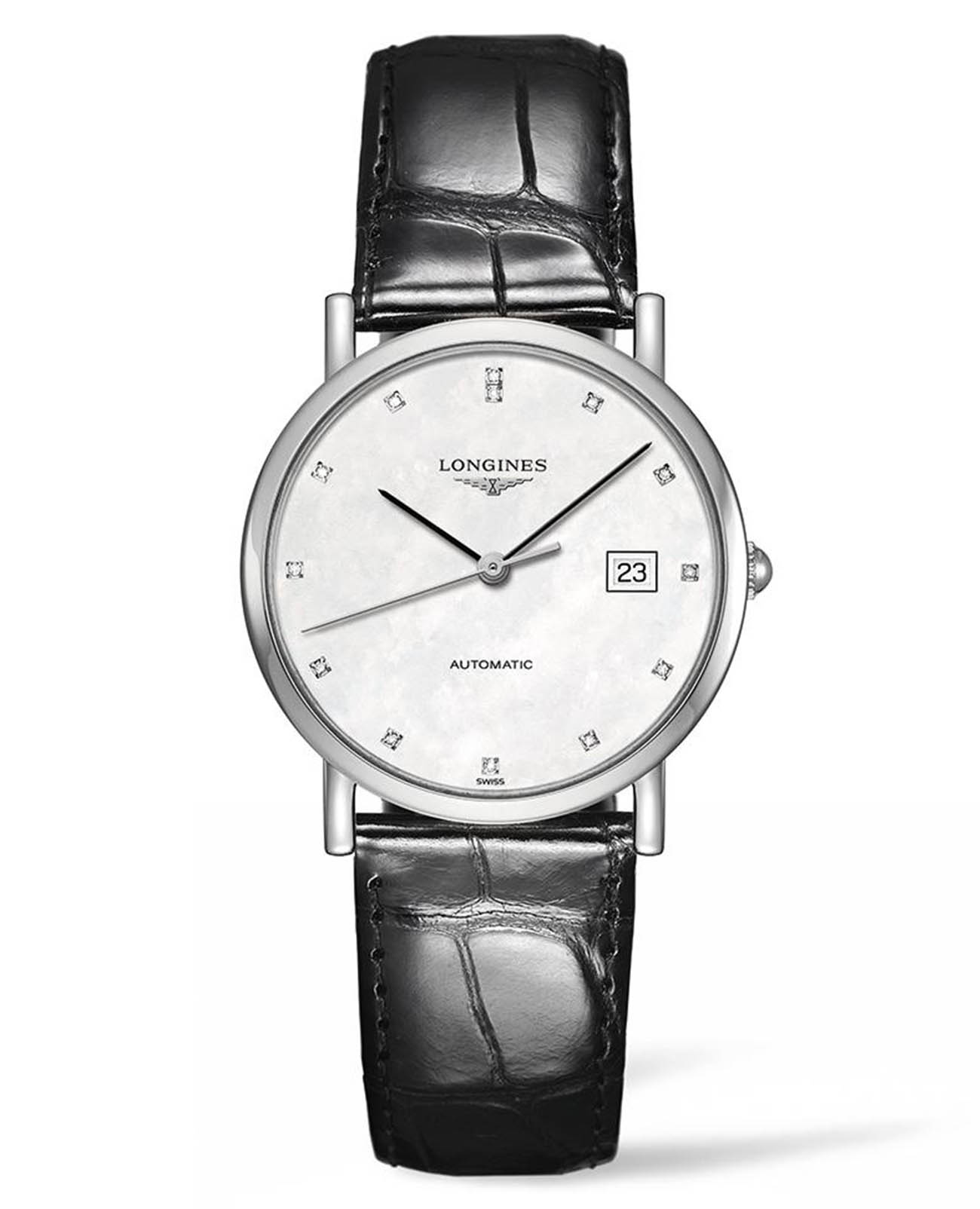 Longines Longines Elegant Collection L4.809.4.87.2  L48094872 механические мужские часы черный циферблат, браслет кожаный — вид спереди