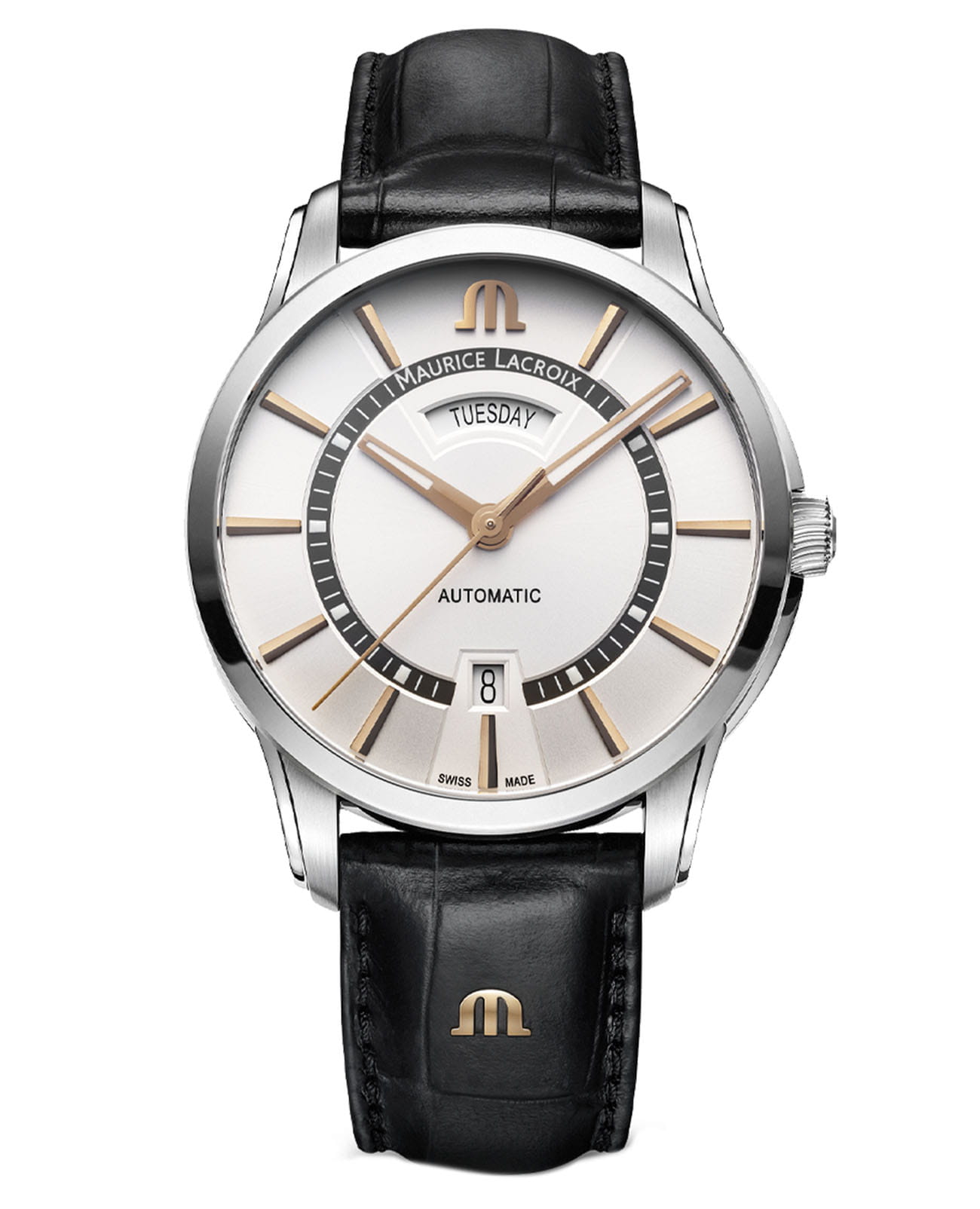 Maurice Lacroix Maurice Lacroix Pontos Day Date PT6358-SS001-230-2  PT6358-SS001-230-2 механические мужские часы белый циферблат, браслет кожаный — вид спереди