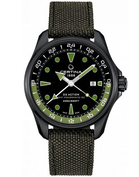 Certina Certina DS Action GMT C032.429.38.051.00 DS Action C0324293805100 механические мужские часы черный циферблат, браслет тканевый — вид спереди