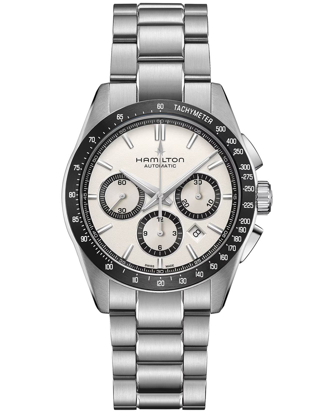 Hamilton Hamilton Jazzmaster Performer Autochrono 42mm H36606110  H36606110 механические мужские часы белый циферблат, браслет нержавеющая сталь — вид спереди
