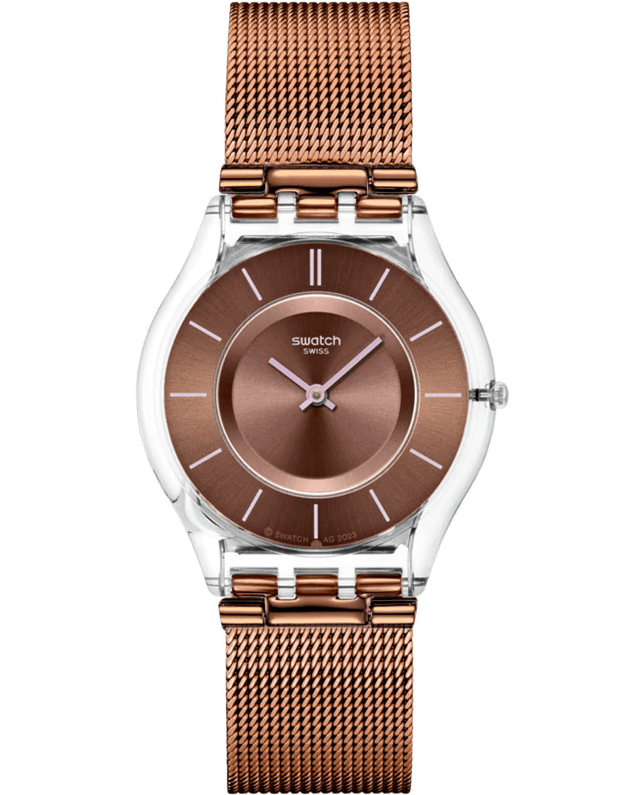 Swatch Swatch Skin Classic Biosourced SS08K121M  SS08K121M кварцевые женские часы коричневый циферблат, браслет нержавеющая сталь с pvd-покрытием — вид спереди