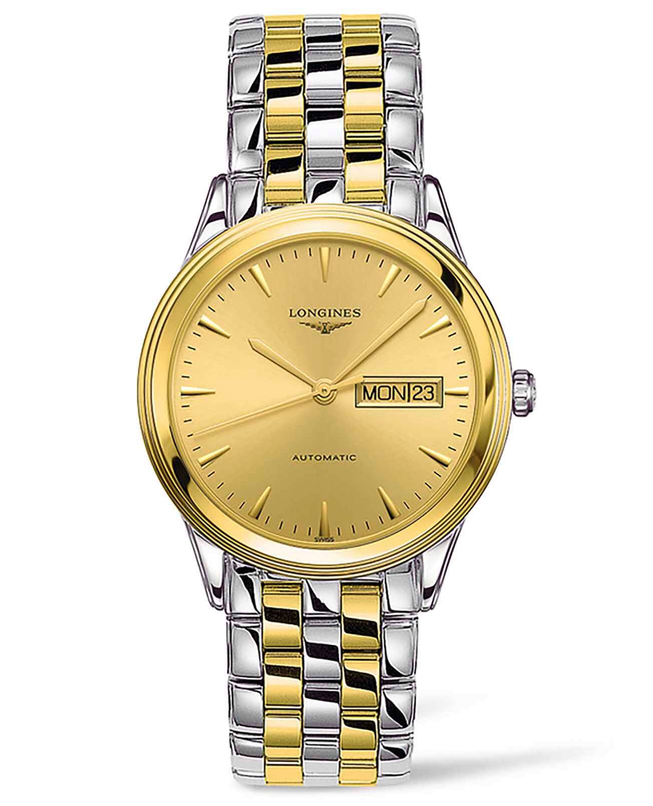 Longines Longines Flagship L4.899.3.32.7  L48993327 механические мужские часы золотой циферблат, браслет сталь c pvd покрытием — вид спереди