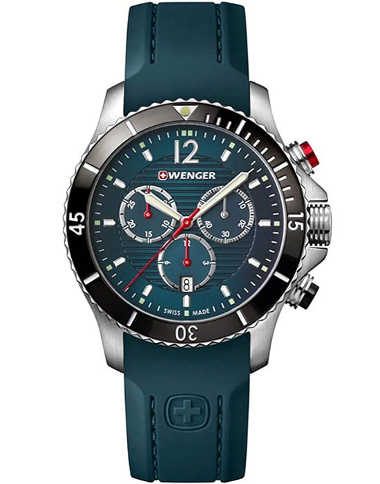 Wenger 01.0643.114  01.0643.114 кварцевые мужские часы бирюзовый циферблат, браслет силикон — вид спереди