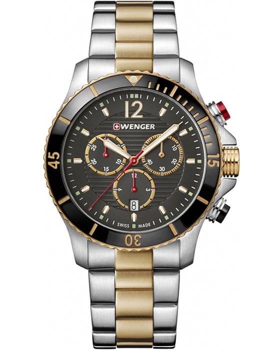 Wenger 01.0643.113  01.0643.113 кварцевые мужские часы черный циферблат, браслет сталь c pvd покрытием — вид спереди