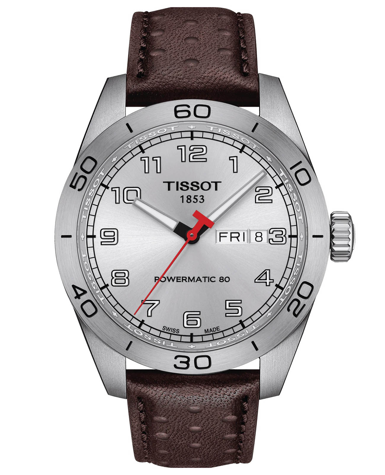 Tissot Tissot PRS 516 Powermatic 80 T131.430.16.032.00 PRS 516 T1314301603200 механические мужские часы серебристый циферблат, браслет кожаный — вид спереди