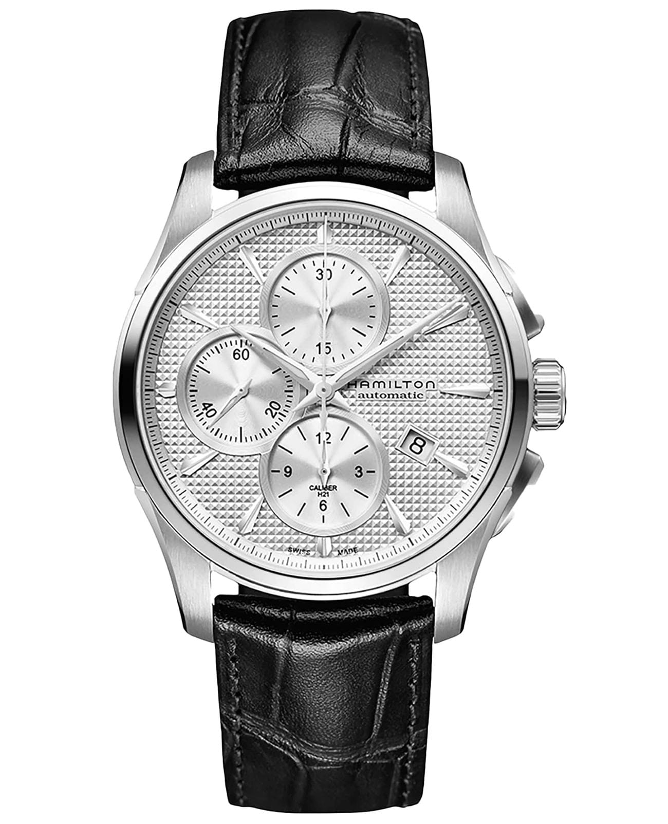 Hamilton Hamilton Jazzmaster Auto Chrono H32596751  H32596751 механические мужские часы серебристый циферблат, браслет кожаный — вид спереди