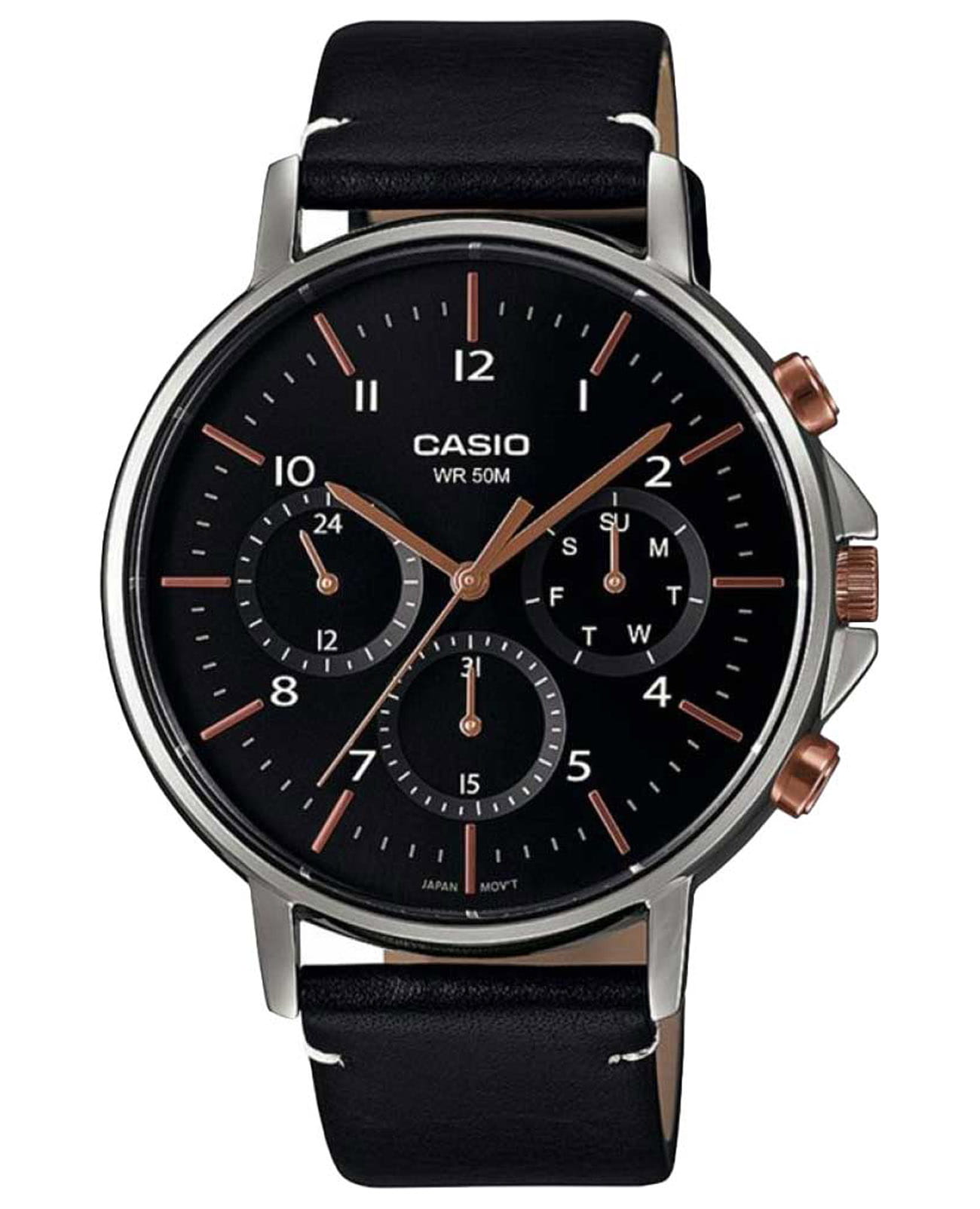 Casio Casio Collection MTP-E321L-1A  MTP-E321L-1A кварцевые мужские часы черный циферблат, браслет кожаный — вид спереди