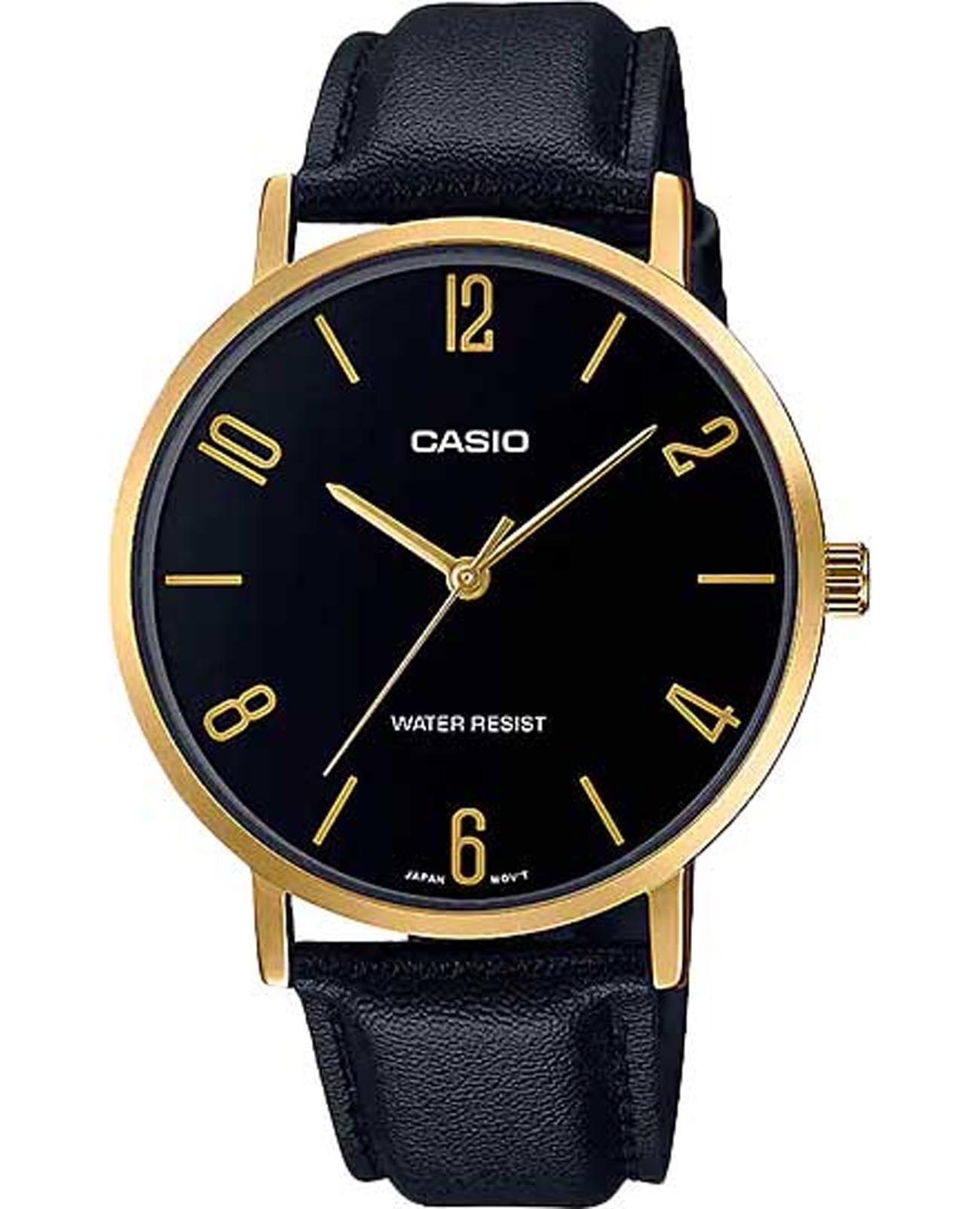 Casio Casio Collection MTP-VT01GL-1B2UDF (MTP-VT01GL-1B2)  MTP-VT01GL-1B2 кварцевые мужские часы черный циферблат, браслет кожаный — вид спереди