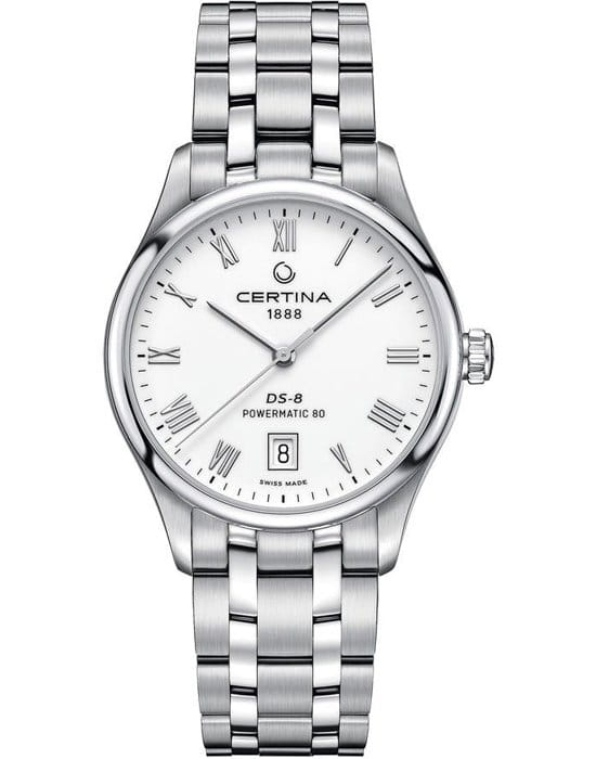 Certina Certina DS-8 Powermatic 80 C033.407.11.013.00 DS 8 C0334071101300 механические мужские часы белый циферблат, браслет нержавеющая сталь — вид спереди
