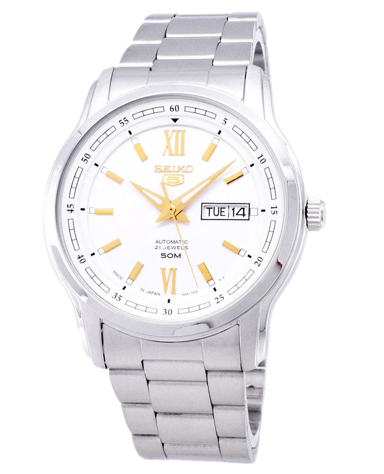 Seiko Seiko 5 Regular SNKP15J1  SNKP15J1 механические мужские часы белый циферблат, браслет нержавеющая сталь — вид спереди