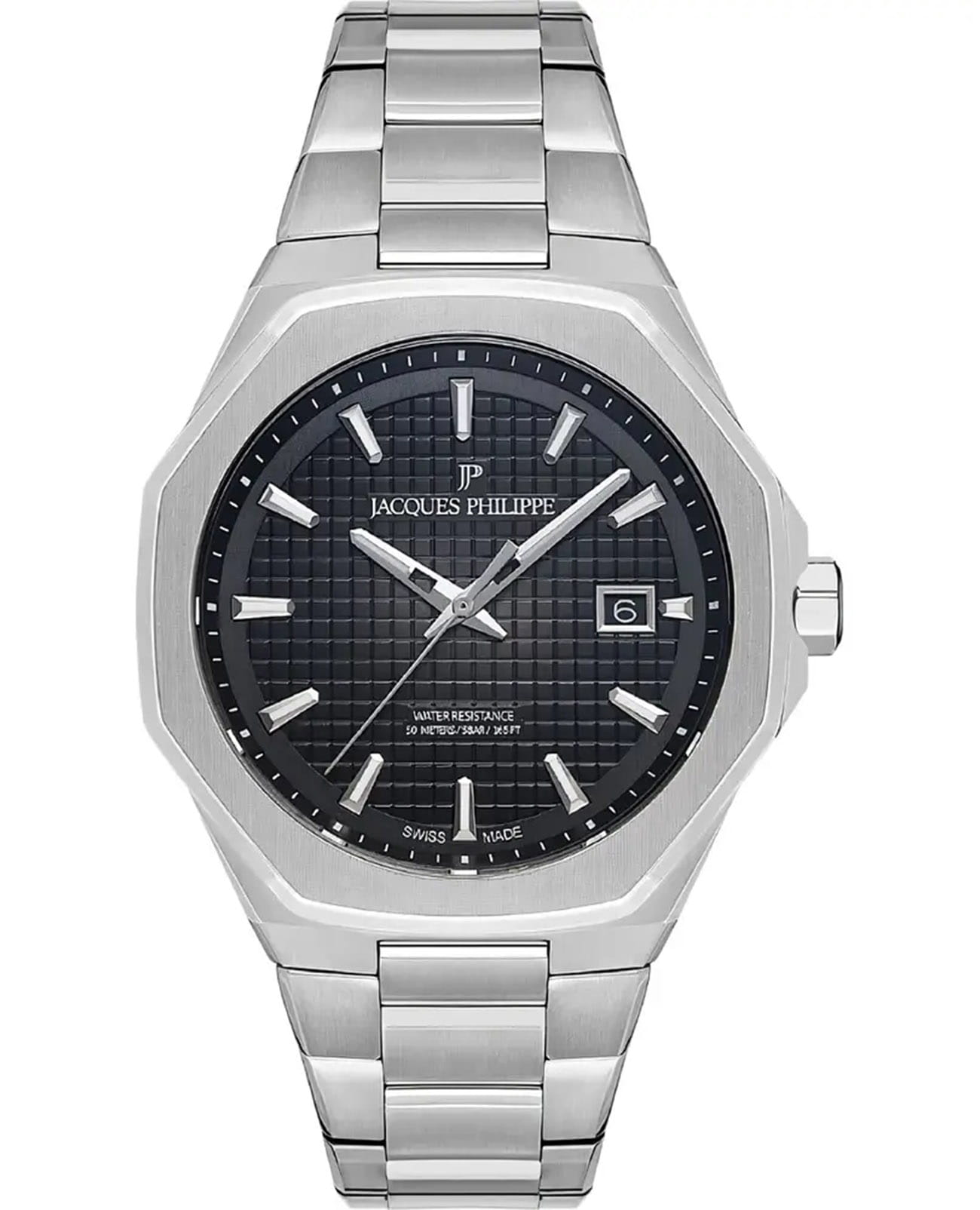 Jacques Philippe Jacques Philippe Octagon JPQGS381316  JPQGS381316 кварцевые мужские часы черный циферблат, браслет нержавеющая сталь 316l — вид спереди
