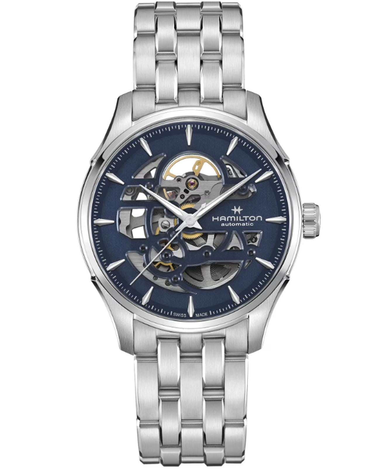 Hamilton Hamilton Jazzmaster Skeleton Auto H42535141  H42535141 механические мужские часы синий циферблат, браслет нержавеющая сталь — вид спереди