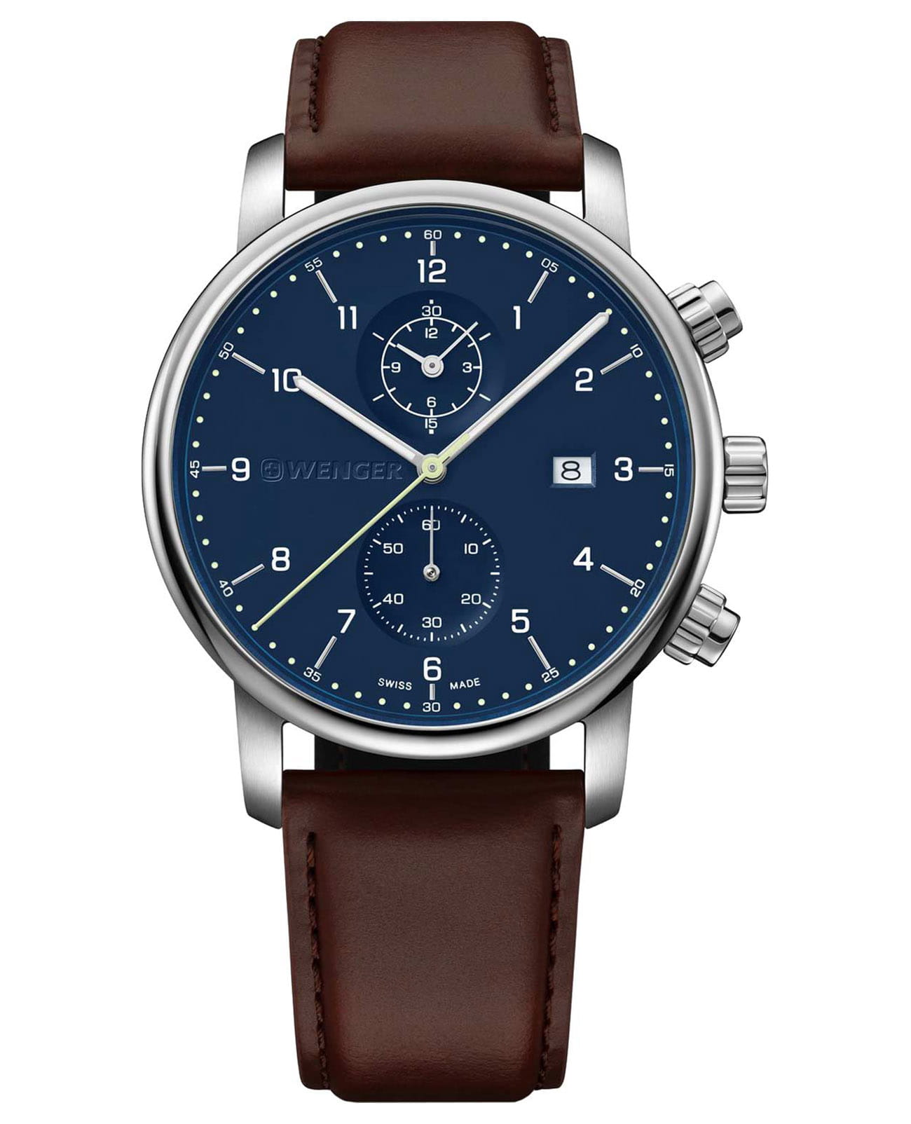 Wenger Urban classic 01.1743.125  01.1743.125 кварцевые мужские часы синий циферблат, браслет кожаный — вид спереди