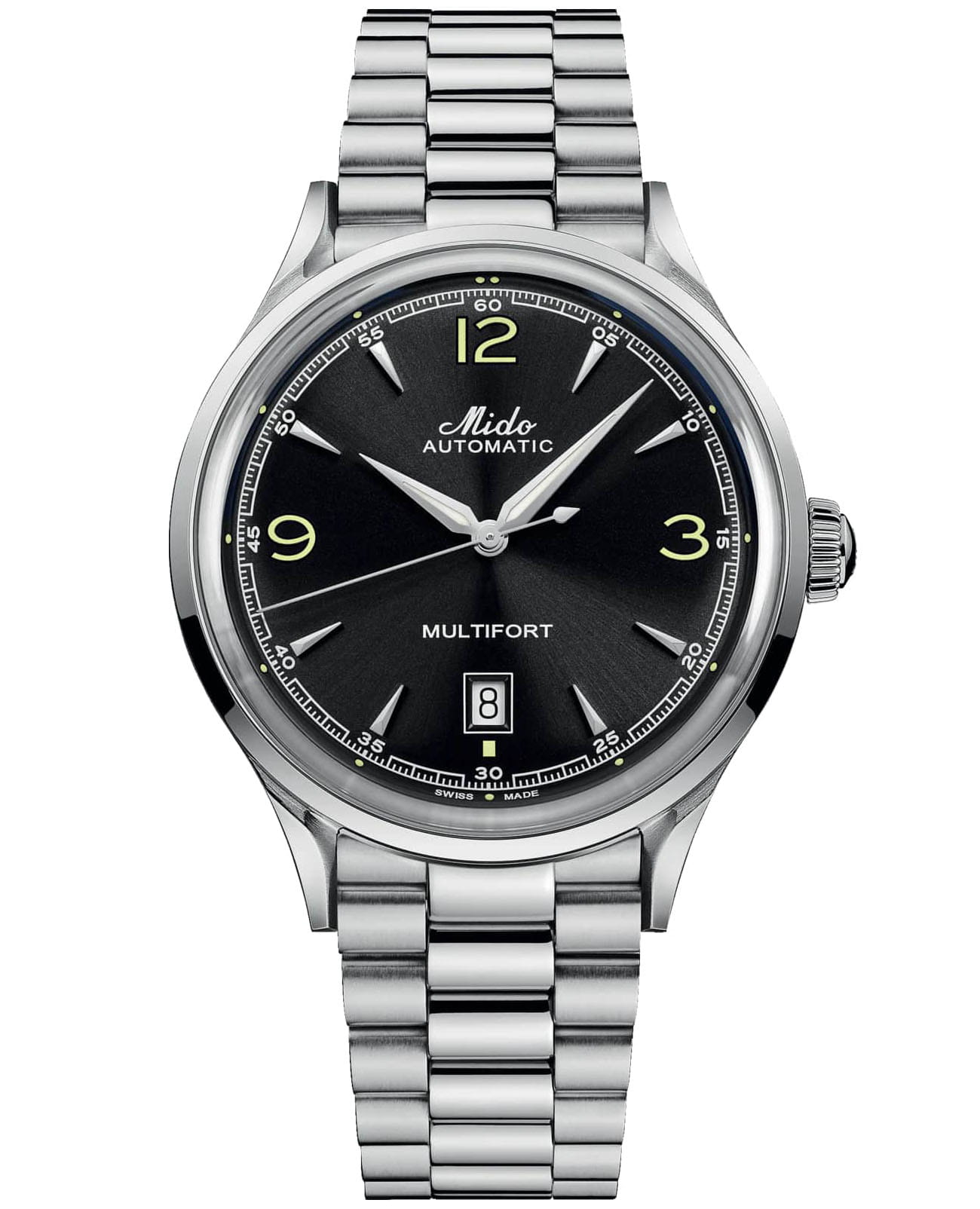Mido Mido Multifort Powerwind M040.407.11.057.00  M0404071105700 механические мужские часы черный циферблат, браслет нержавеющая сталь — вид спереди