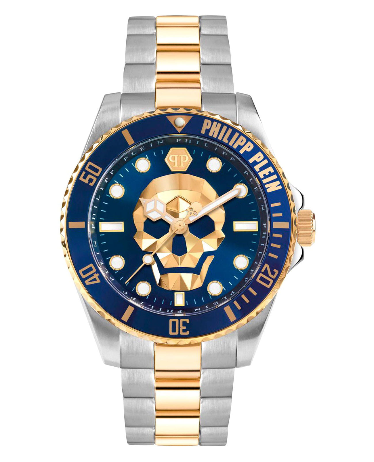 Philipp Plein Philipp Plein The Skull PWOAA0722  PWOAA0722 кварцевые мужские часы синий циферблат, браслет нержавеющая сталь с ip-покрытием — вид спереди