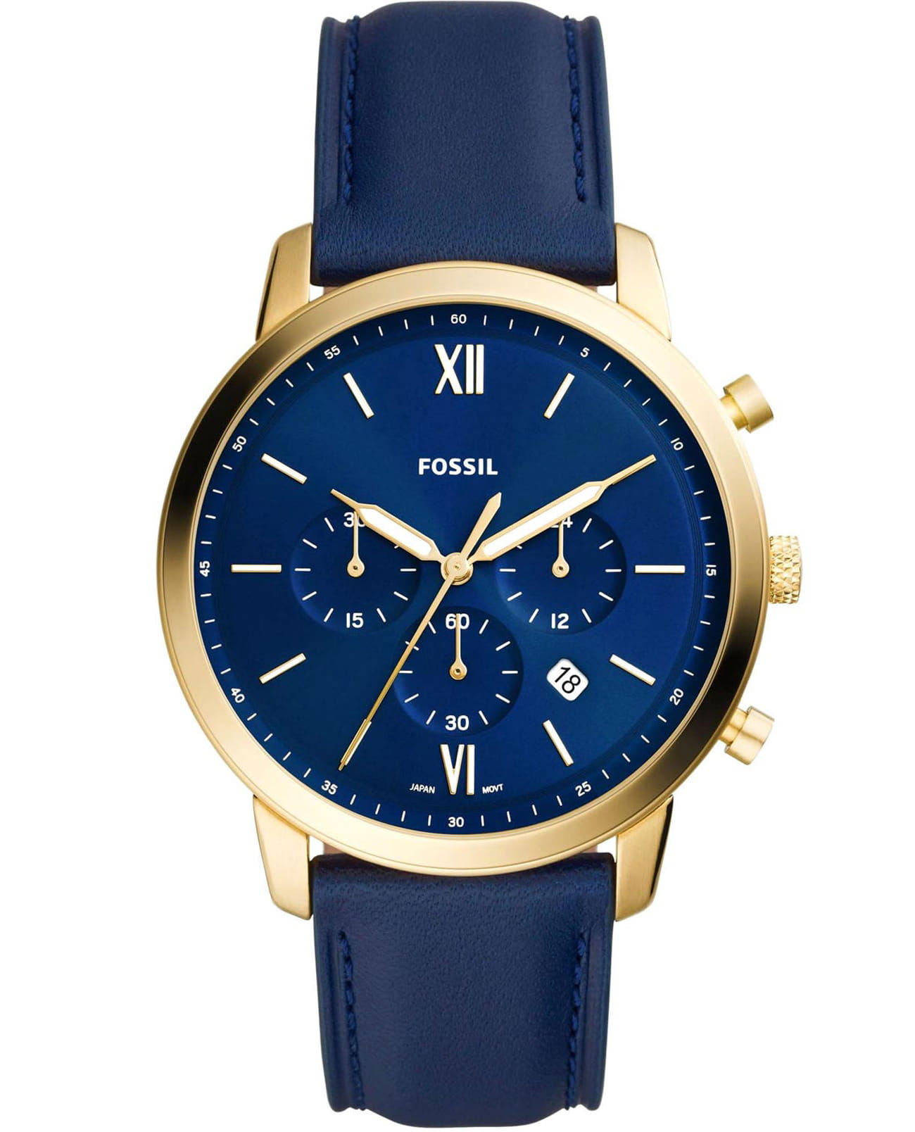 Fossil Fossil FB-02  FS5790  FS5790 кварцевые мужские часы синий циферблат, браслет кожаный — вид спереди
