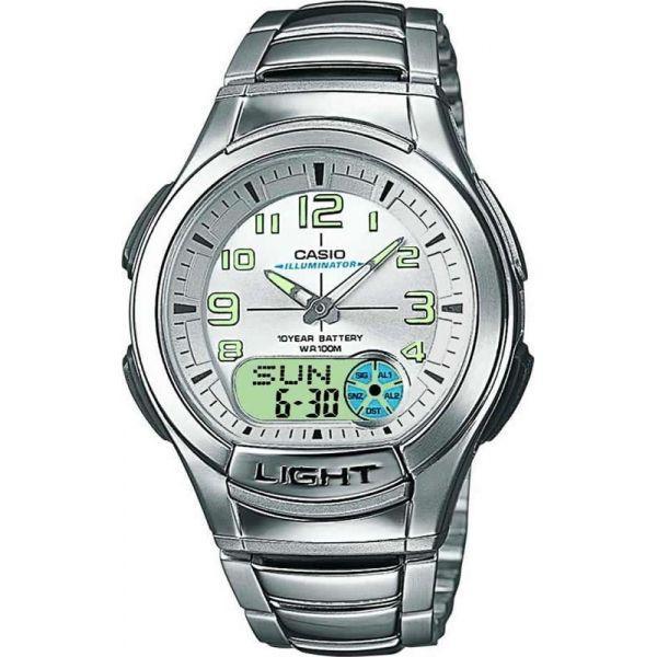 Casio Casio Illuminator AQ-180WD-7B  AQ-180WD-7B кварцевые мужские часы белый циферблат, браслет нержавеющая сталь — вид спереди