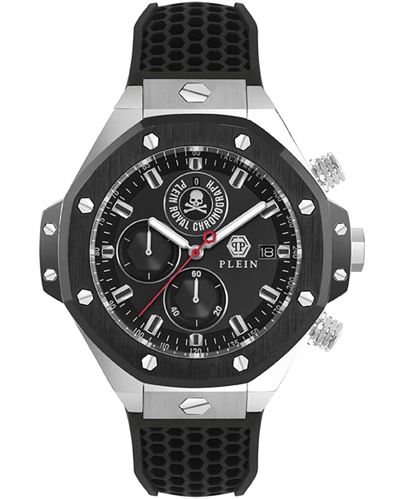 Philipp Plein Philipp Plein Plein Chrono Royal PWLFA0225  PWLFA0225 кварцевые мужские часы черный циферблат, браслет силикон — вид спереди