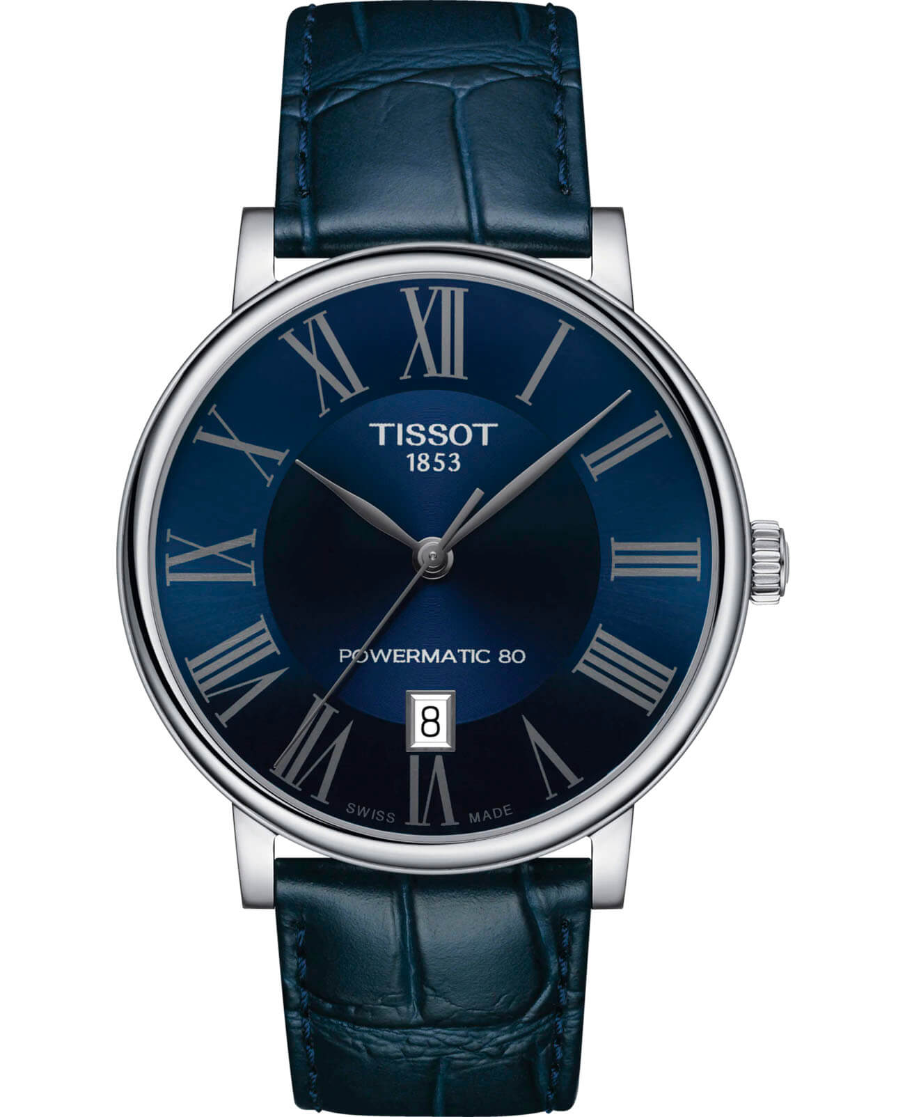 Tissot Tissot Carson Premium Powermatic 80 T122.407.16.043.00 Carson T1224071604300 механические мужские часы синий циферблат, браслет кожаный — вид спереди