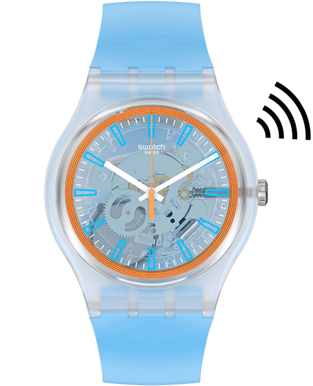 Swatch Swatch New Gent Swatch Pay! SVIK102-5300  SVIK102-5300 кварцевые женские часы прозрачный циферблат, браслет силикон — вид спереди