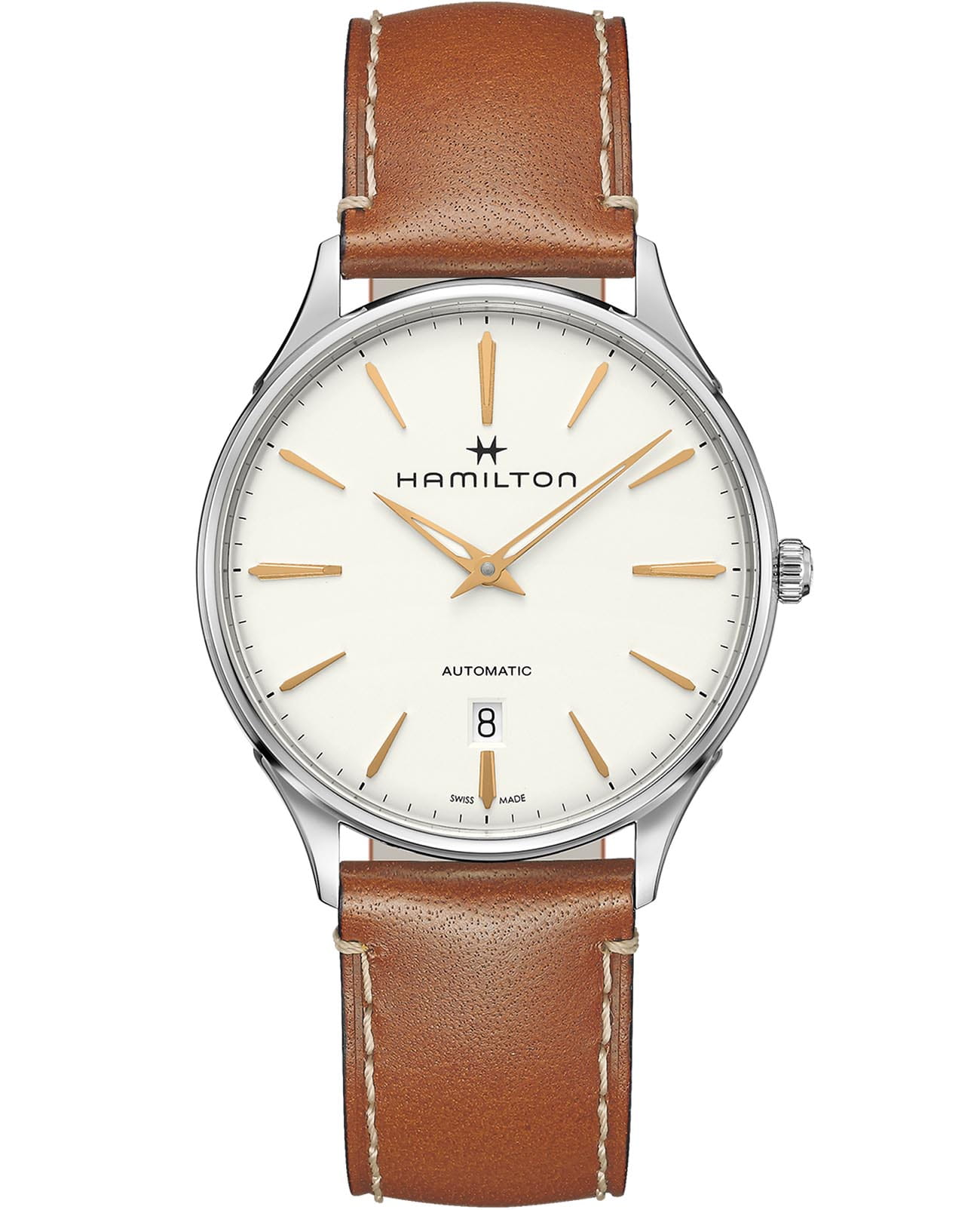 Hamilton Hamilton Jazzmaster Thinline Auto H38525512  H38525512 механические мужские часы бежевый циферблат, браслет кожаный — вид спереди