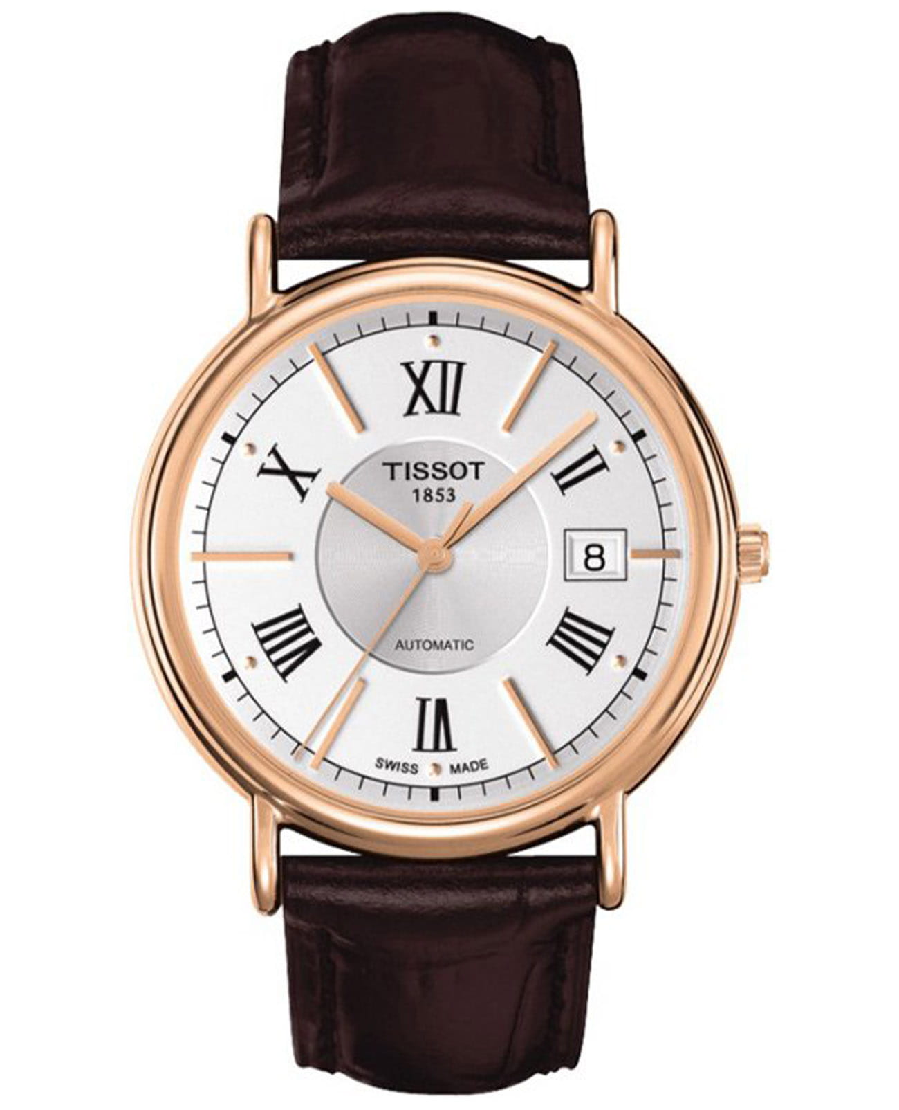 Tissot Tissot T-Gold Carson T907.407.76.038.00  T9074077603800 механические мужские часы серебристый циферблат, браслет кожаный — вид спереди