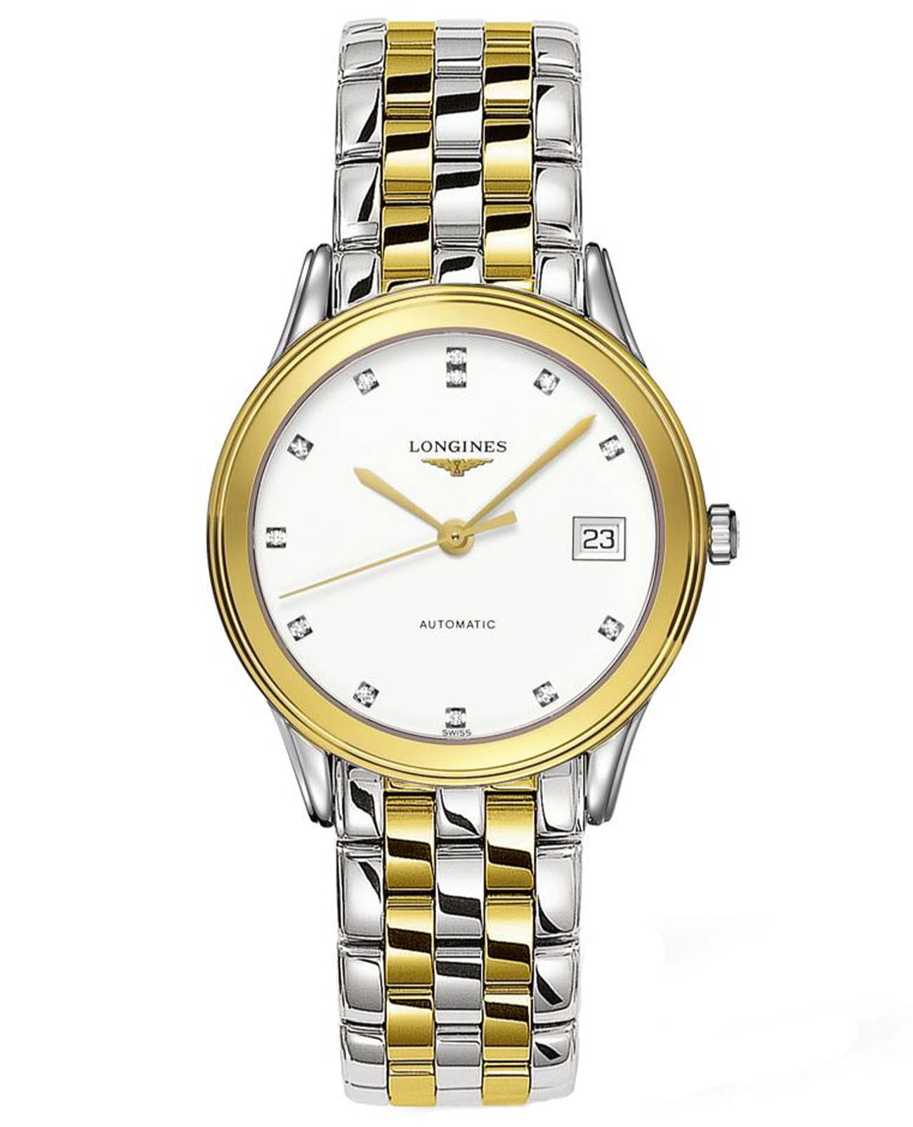 Longines Longines Flagship L4.774.3.27.7  L47743277 механические женские часы белый циферблат, браслет сталь c pvd покрытием — вид спереди