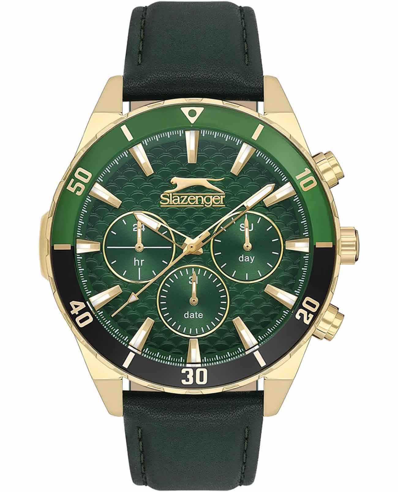 Slazenger Slazenger SL.09.2237.2.04  SL.09.2237.2.04 кварцевые мужские часы зеленый циферблат, браслет кожаный — вид спереди